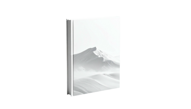 White book displaying an image of a monochrome snow-covered mountain range
