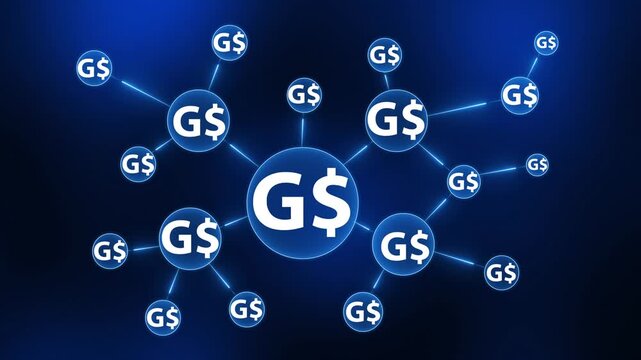 Blue network of Paraguayan Guarani symbols connected by glowing lines on a dark blue background currency