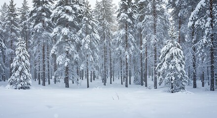 Naklejka premium Winter forest scene with snow covered pine trees and open space