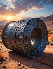 Steel cable roll in desert sunset
