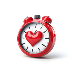 Red alarm clock with heart symbol on white background