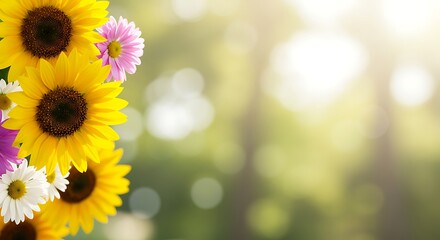 Fototapeta premium Vibrant sunflowers and daisies against soft green bokeh background