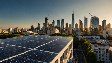 Urban Rooftop Solar Panels – Sustainable Cityscape with Clean Energy Architecture