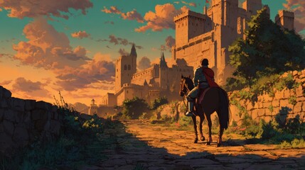 A poignant anime scene of a lone knight in colorful, battle-worn armor, returning home at dusk. He rides his noble horse slowly along a path, heading towards his magnificent castle
