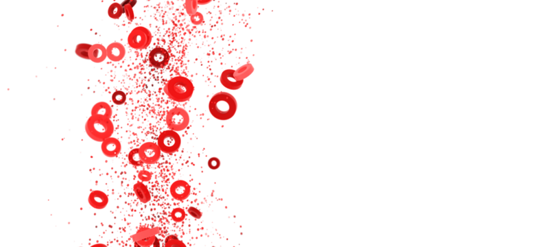 Red rings falling on white background. Abstract design for website, banner, or presentation.