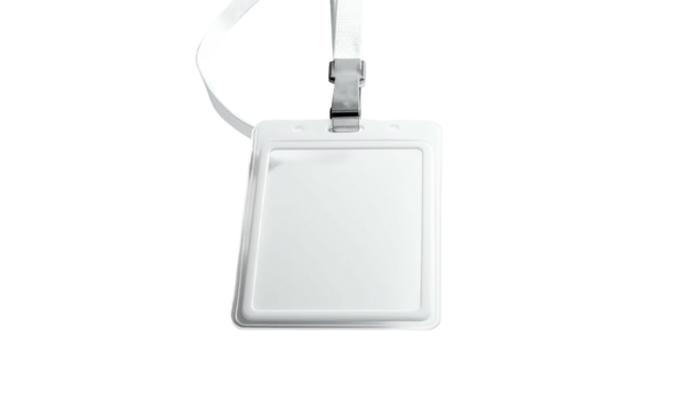 Empty vertical ID badge with white lanyard, clasp, and clean, clear plastic cover