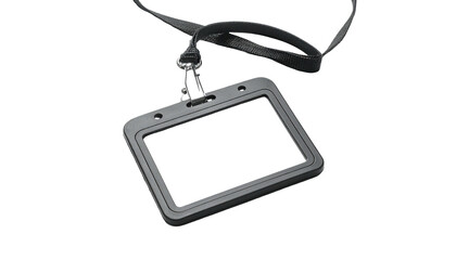 A clear, rectangular badge holder with a lanyard, isolated against a black background