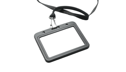 A clear, rectangular badge holder with a lanyard, isolated against a black background