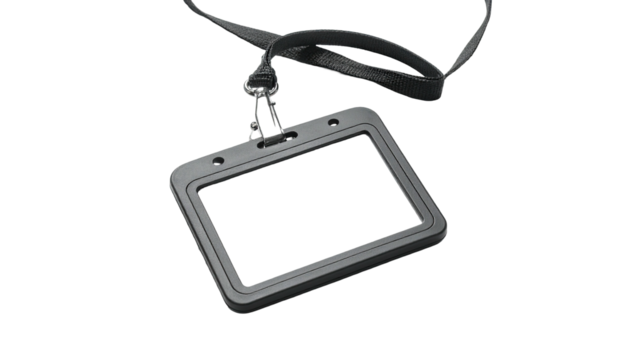 A clear, rectangular badge holder with a lanyard, isolated against a black background - Powered by Adobe