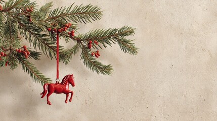 Red horse ornament hanging from pine branch against textured background for festive celebration