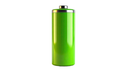 A green, cylindrical battery, isolated on a black background, charging concept