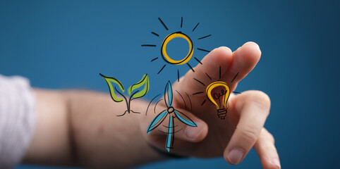 Hand interacting with eco-friendly icons: sun, plant, wind turbine, lightbulb.  Sustainable energy...