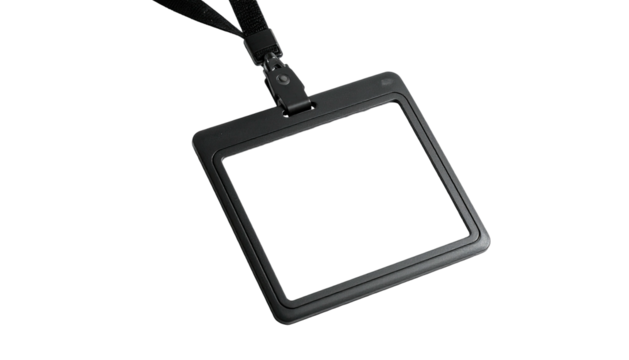 Black empty ID badge holder with lanyard, floating on a dark background