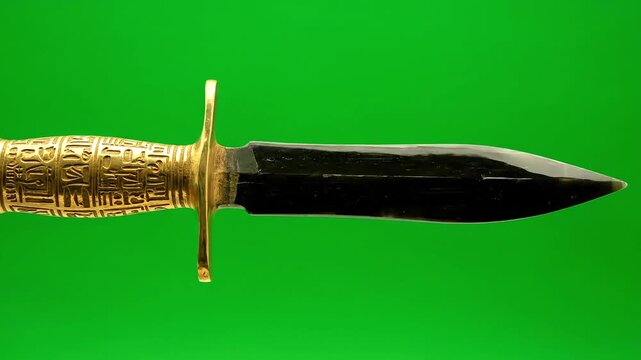 Ornate golden dagger with sharp black blade on a vibrant green background