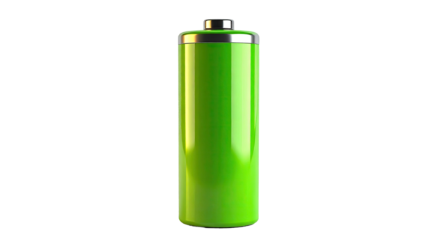 A green, cylindrical battery, isolated on a black background, charging concept