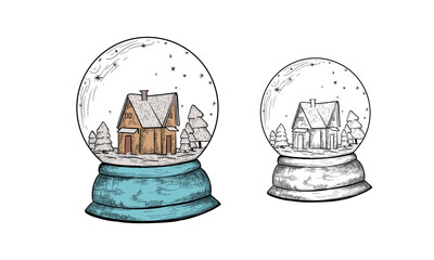 Snow ball with house and fir tree in winter. Sketch. Engraving style. Vector illustration.