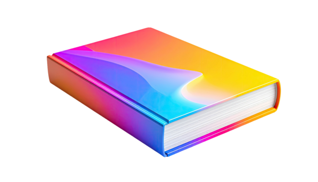 A closed book with colorful, iridescent covers and a slight white page offset