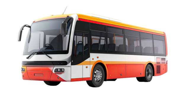 A modern, colorful coach bus with windows, ready for travel, on a black backdrop