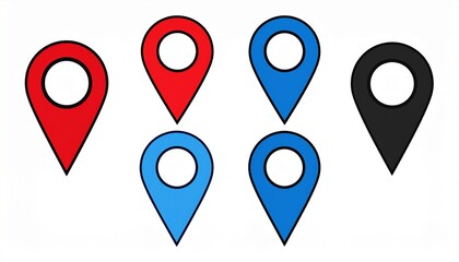 Six map pin icons in red, black, blue, and light blue, arranged in two rows on white background, each with circular center hole.