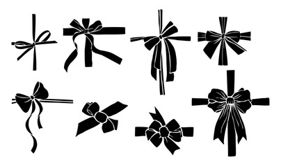 Black Monochrome decorative ribbon bows set. Holiday sign collection. Ribbon symbol, accessory logo, cut files. Vector outline illustrations isolated on transparent background
