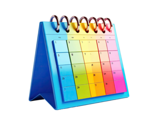 A 3D rendered calendar with a rainbow of colors and metallic spiral binding