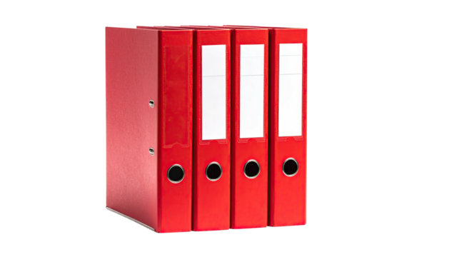 A stack of four red, rectangular binders with blank white labels