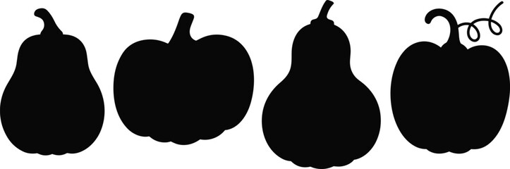 Pumpkin silhouettes, gourd icons, autumn harvest, fall season, Halloween decoration, farming, agriculture, vegetable set, squash, nature, organic, rural, food