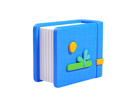 3D illustration of a blue, closed book with embossed nature scene on cover