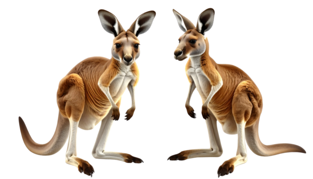 3D standing and hopping kangaroo icons isolated on transparent background - Powered by Adobe