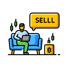Online Trading Concept: Individual on Couch with Sell Indicator
