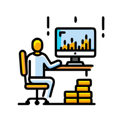 Financial Analytics Illustration: Trader at Computer with Gold Bars
