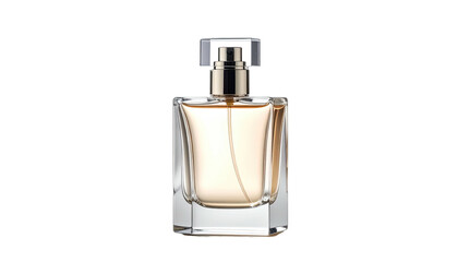 Elegant perfume bottle with a clear glass body, light liquid, and metallic cap