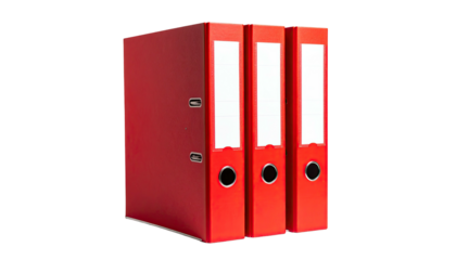 Three red ring binders stand upright, a clear label space visible on each spine