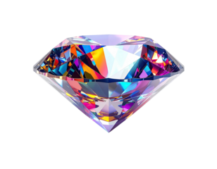 A vibrant, multi-faceted gemstone with internal colorful reflections against black