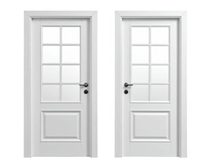Two identical white paneled doors