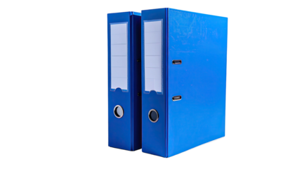 Two bright blue ring binders stand side-by-side, with white labels and metal rings