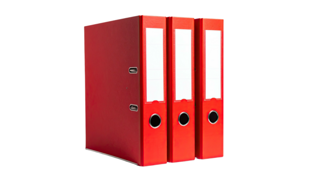 Three red ring binders stand upright, a clear label space visible on each spine
