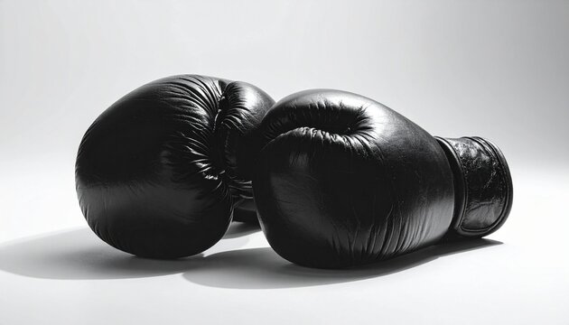 Black leather boxing gloves with visible stitching and padding, slightly overlapping on white background, symbolizing strength and sport.