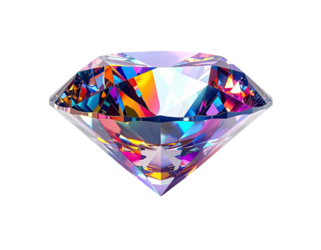 A vibrant, multi-faceted gemstone with internal colorful reflections against black