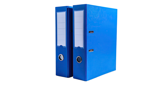 Two bright blue ring binders stand side-by-side, with white labels and metal rings