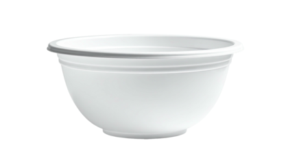 A white, plastic bowl with a wide rim and three decorative horizontal bands