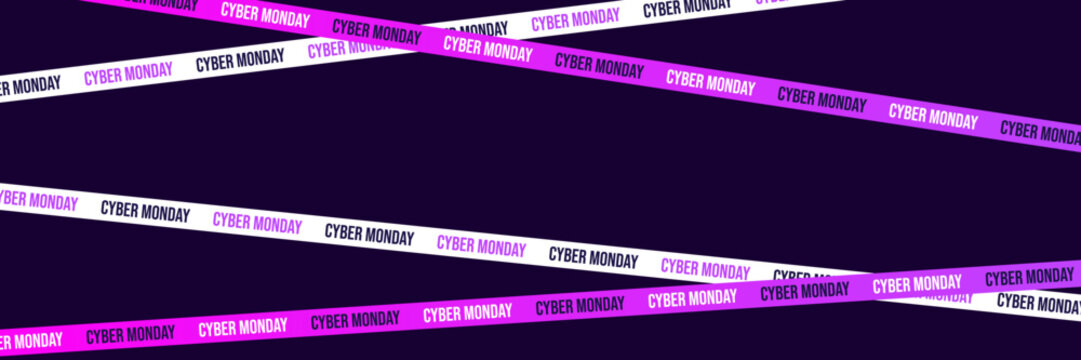 Cyber Monday sale banner with abstract tape lines. Minimalist purple background template for promotion and discount offers.