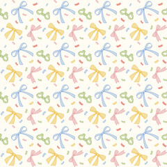 Seamless pattern with colorful pastel bows and confetti on white background. Christmas celebration wallpaper. party illustration background.
