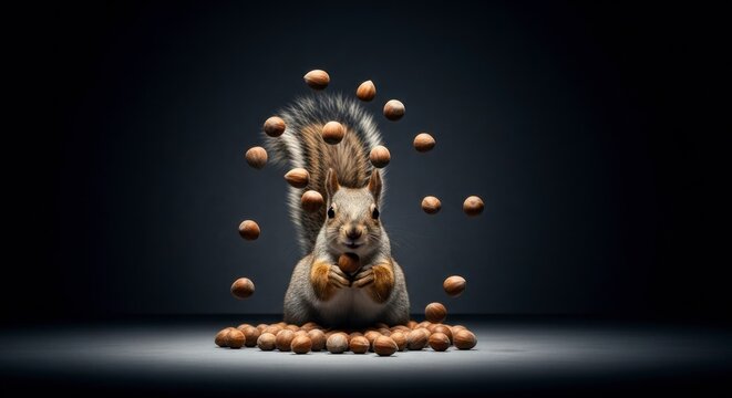 Whimsical Squirrel Magically Juggling a Swirl of Nuts Under a Dramatic Spotlight.