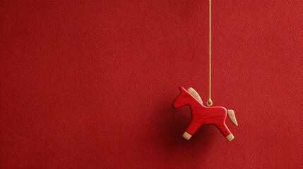 Red wooden horse ornament hanging against a vibrant red textured background for Chinese New Year celebration