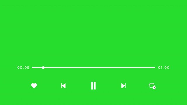 60 seconds minimal music player UI animation on a green screen with sleek white controls. 4k animation video