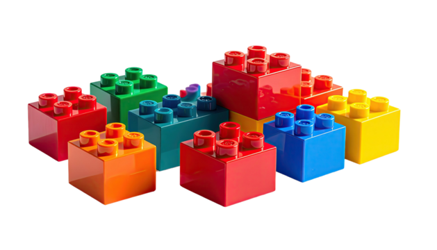 Vibrant, colorful plastic toy bricks arranged in a seemingly random, playful heap