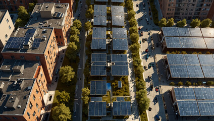 Urban Rooftop Solar Panels – Sustainable Cityscape with Clean Energy Architecture