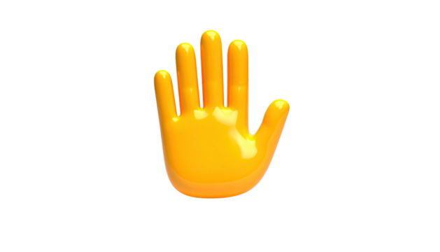 A glossy, 3D rendered hand, palm forward, against a stark black background