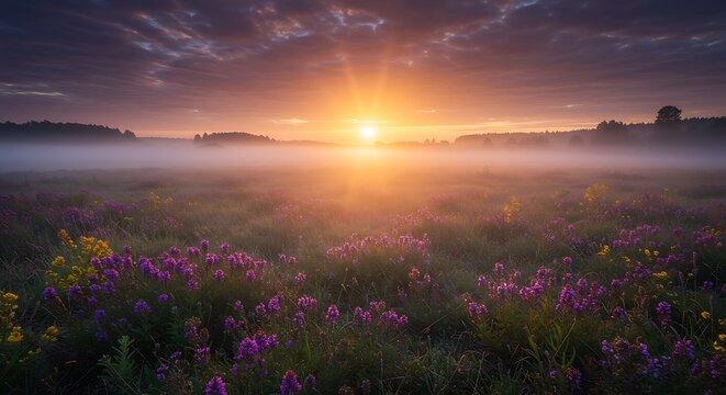 Vibrant sunrise over field of wildflowers and misty landscape scenery